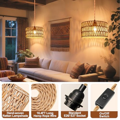 Maliralt Hanging Lamps Rattan Pendant Light Hanging Lights 16.4ft Plug in Cord Pendant Light Fixture Plug Into Wall Outlet Pendant Lighting with On Off Switch for Bedroom Living (Cylindrical Shade) - size: 12.6 Inch - Cylindrical Shade