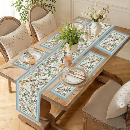 Floral Bird Table Runner and Placemats Set of 6, 13 x 72 Inch - color: Bird