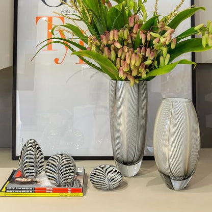 Murano Style Glass Vase Hand Blown White Feather Pattern Effect Home Decor - color: White