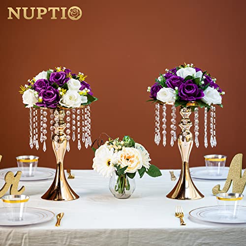 NUPTIO Tall Vase Table Centerpiece, 13.8", Gold, 10 Pcs | Crystal Metal Flower Holder Stand, for Wedding Reception, Tables, Road Lead, Party - color: Gold, size: 10 x M