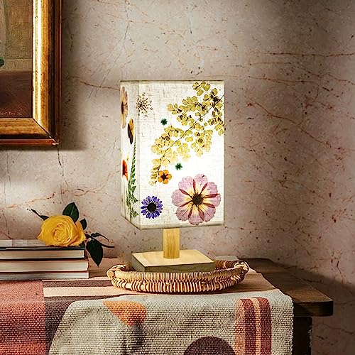 Dried Flowers Table Lamp 5W LED 3Color Temperatures Pressed Flower Bedside Lamp Square Linen Shade with Wood Base for Bedroom Living Room - color: Square-3-Color