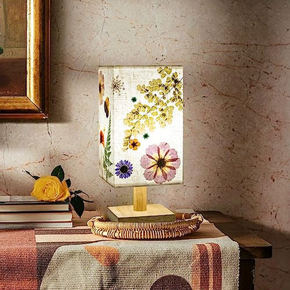 Dried Flowers Table Lamp 5W LED 3Color Temperatures Pressed Flower Bedside Lamp Square Linen Shade with Wood Base for Bedroom Living Room - color: Square-3-Color
