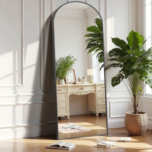 OLIXIS Arched Full Length Mirror for Bedroom, 56"x15" Full Body Mirror with Stand, Hanging or Leaning for Wall, Aluminum Alloy Thin Frame Floor Standing for Living Room, Long, Black - color: Black-arched, size: 56"L x 15"W