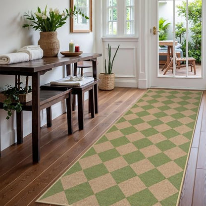 Lahome Checkered Easy Jute Hallway Runner Rug, 2x8 Outdoor Rugs Washable - color: Sage Green/Nature-2, size: 2'6" x 8' (Runner)