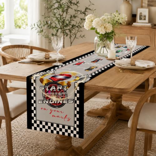 Race Car Table Runner Linen Checkered Racing Birthday Party Decor 72 inch - color: Grey