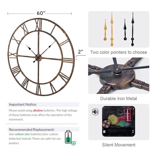 60 Inch Large Silent Wall Clock, Easy Assembly Roman Numeral Bronze - color: Bronze Metal Wall Clock, size: 60inch