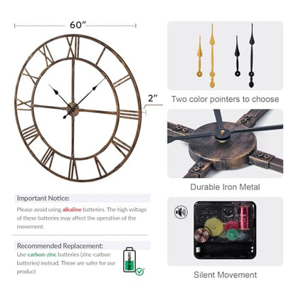60 Inch Large Silent Wall Clock, Easy Assembly Roman Numeral Bronze - color: Bronze Metal Wall Clock, size: 60inch