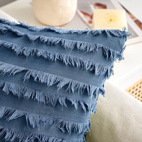 MIULEE Boho Linen Striped Throw Pillow Covers 18x18, Dark Blue - color: Dark Blue, size: 18" x 18" (Pack of 2)