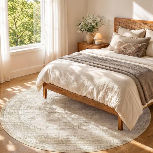 6ft Round Rugs for Living Room: 6x6 Washable Neutral Beige Area Rug - color: Beige, size: 6' (Round)