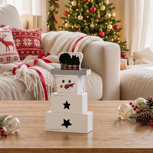 Smile 3 Pcs Winter Christmas Indoor Decoration, Wooden Sign Tabletop Retro Decor, Snowman Blocks, Ornaments for Home Shelf Mantel Fireplace. - style: Snowman