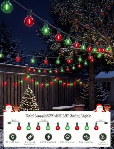 25Ft G40 LED Red Green Outdoor String Lights, 27 Shatterproof Globe Bulbs - color: Red/Green, size: 25Ft