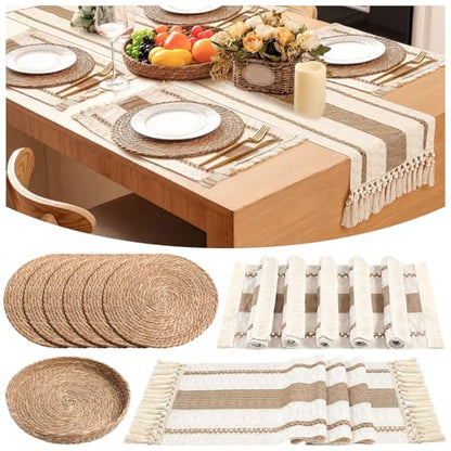 Boho Table Runner and Placemats Set, 6 Sets, Khaki A, 12x72 - color: Khaki a, size: 12x72"