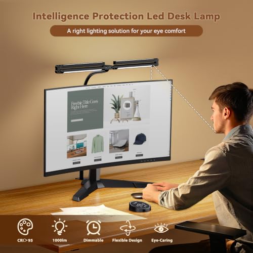 Pzloz Led Desk Lamps for Home Office - Eye Caring Architect Lamp with Clamp, Double Head Computer Monitor Work Desk Light with Remote Control: 24W Flexible Dimmable Desktop Table Lamp - color: Dark Black