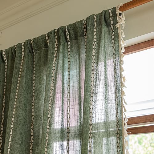 Sutuo Home Boho Kitchen Curtains with Beige Tassels, Semi Blackout Linen French Country Shabby Chic Window Treatment Bohemian Embroidery Knitted Drape, Rod Pocket 1 Panel 52" W x 63" L, Olive Green - color: Olive Green Stripes, size: 52"W x 63"L (Pack of
