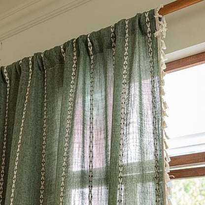 Sutuo Home Boho Kitchen Curtains with Beige Tassels, Semi Blackout Linen French Country Shabby Chic Window Treatment Bohemian Embroidery Knitted Drape, Rod Pocket 1 Panel 52" W x 63" L, Olive Green - color: Olive Green Stripes, size: 52"W x 63"L (Pack of