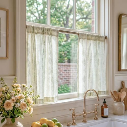jinchan Linen Striped Tier Curtains for Kitchen Windows Boho - color: Boho Green | on Beige, size: 26"W x 20"L (Pack of 2)