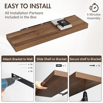 Acovy 40 Inch Floating Shelves, 12" Deep Floating Shelf Wall Mounted, 40" Wall Shelves, Rustic Deep Bookshelf, Extra Deeper & Thicker Display Shelves for Bedroom, Living Room, Walnut, Set of 2 - color: Walnut, size: 12"Wx40"L-2pcs