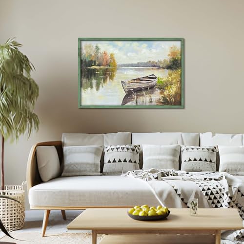 HILL WEST Farmhouse Lake Boat Wooden Framed Wall Art, 36x24inch - color: Lake, size: 36"L x 24"W
