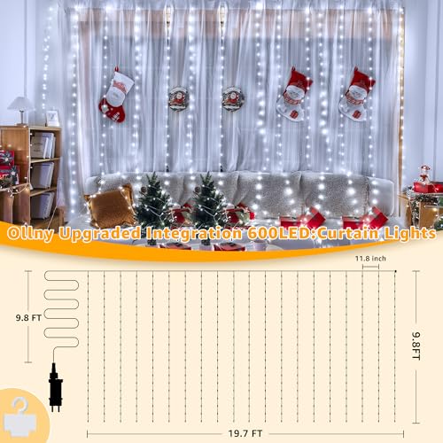 Ollny Curtain Lights 600LED 19.7ft x 9.8ft, IP67 Waterproof (Cool White) - color: Cool White, size: 19.7ft