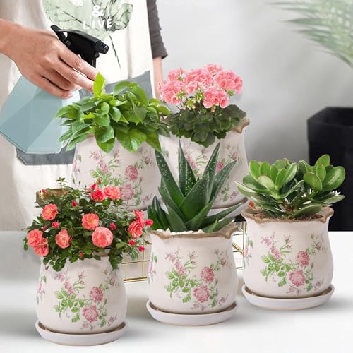 Ceramic-Planters-for-Indoor-Plants with Saucer, 6 inch Vintage Ice Crack Glaze Plant Pots with Drainage Holes, Decorative Flower Pots for Outdoor Garden Home Decor, Tuscan Pot for Plant - color: Vintage Pink Floral