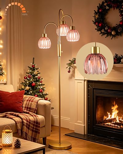 Red Lotus Glass Floor Lamp 3-Light 70" Gold Dimmable Tall Standing Lamp - color: Deep Red Lotus-Gold