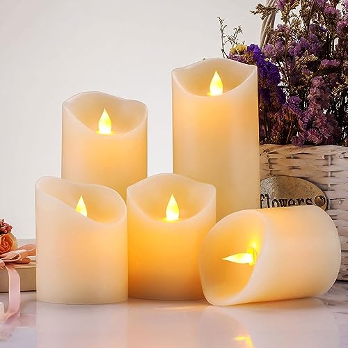 Enpornk 불꽃 없는 양초, 깜박이는 움직이는 불꽃 LED 캔들 5개 세트 (사이즈: D: 7.6cm x 높이: 10.2cm/10.2cm/10.2cm/10.2cm/15.2cm/15.2cm/15.2cm/6인치) 기둥 현실적인 리얼 왁스 배터리 작동 양초 리모컨 포함 2 4 6 8시간 타이머 - color: 아이보리 화이트, 5개 세트