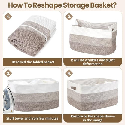 Optish 75L Large Woven Blanket Basket, Storage Basket with Handles - color: White & Mix Brown, size: 22" x 17" x 11.5"(75L)