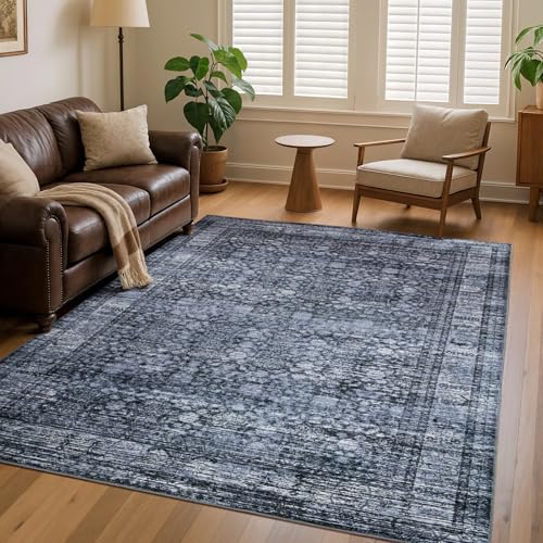 5x7 Area Rugs Washable Rugs for Living Room Bedroom Accent Vintage Floral Retro Large Traditional Floor Cover Throw Print Rug Distressed Non Slip Low Pile Indoor Carpet Office Bedside Black/Blue - color: Black/Blue, size: 5' x 7' (Rectangular)