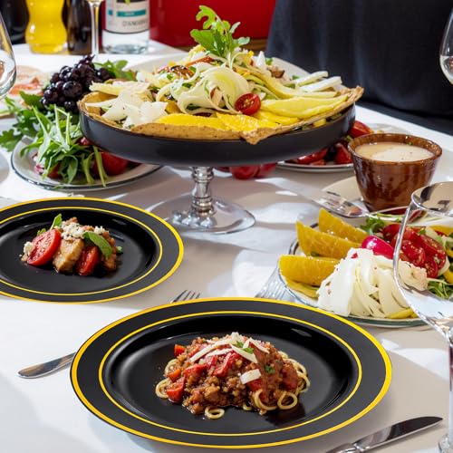 bUCLA 150 Pieces Black and Gold Disposable Dinnerware Set - 25 Guests Black Gold Plastic Plates Include 25 Dinner & 25 Dessert Plates, 25 Spoons, 25 Forks, 25 Knives, 25 Cups for Party & Graduation - color: Black/Gold