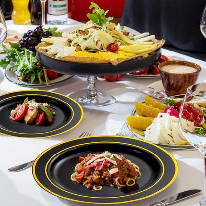 bUCLA 150 Pieces Black and Gold Disposable Dinnerware Set - 25 Guests Black Gold Plastic Plates Include 25 Dinner & 25 Dessert Plates, 25 Spoons, 25 Forks, 25 Knives, 25 Cups for Party & Graduation - color: Black/Gold