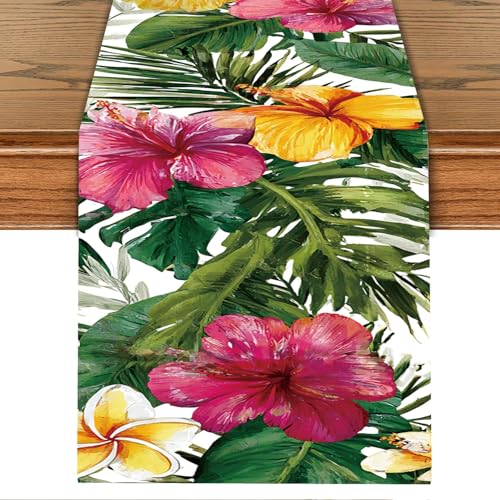 Exotic Beauty Table Runner – 13x72 Inch Tropical Hibiscus Floral Table Decor with Lush Green Leaves, Summer Dining Table Runner for Kitchen, Wedding, Patio, or Luau Party Decorations - color: 67