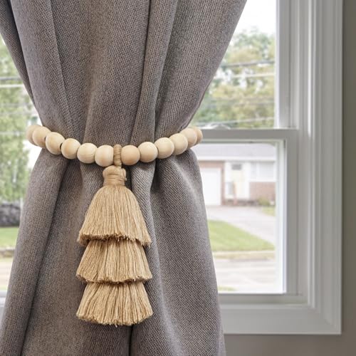 Magnetic Curtain Tiebacks with Wood Beads, Boho Rope Drapery Holdbacks with Triple Tassels, No Drill Curtain Holders for Farmhouse Bedroom, Living Room or Nursery, 2 Pack, Taupe - color: Taupe