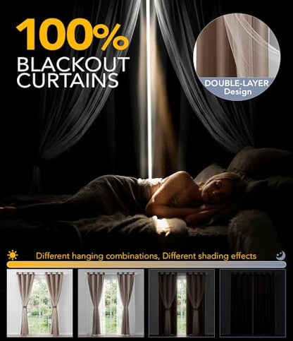 100% Blackout Curtains with Sheer Overlay, Brown, 52 x 96 inch, 2 Panels - color: Brown, size: 52"W x 96"L (Pack of 2)