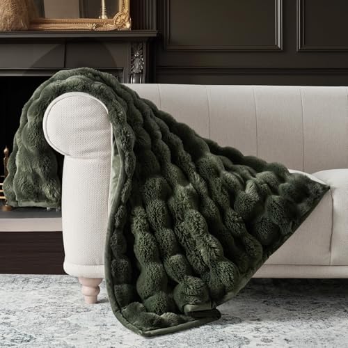 EverGrace Faux Rabbit Fur Bubble Throw Blanket, 60"x80", Green - color: Solid Green, size: 60"x80"