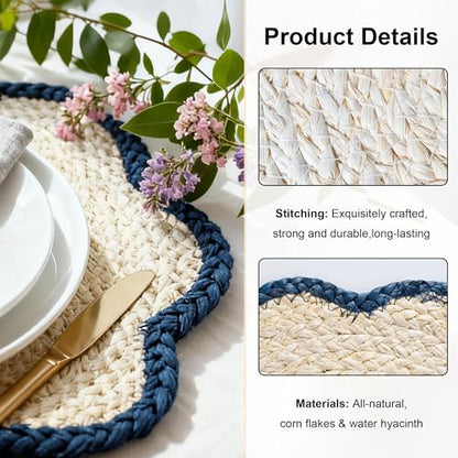 6pc Sunflower Rattan Placemat Set, Woven Boho Table Mats，Blue - color: Blue-set of 6