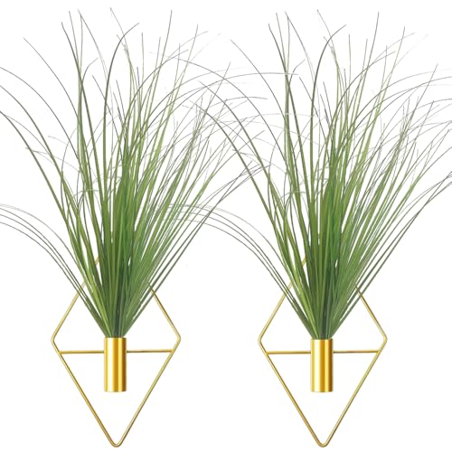 Hanging Planters with Artificial Plants, 2pcs Diamond Shape Metal Hanging Vase with Artificial Shrubs Wheat Grass Greenery Indoor Plants Holder Wall Decor for Home Living Room Bedroom Office (Gold) - color: Gold