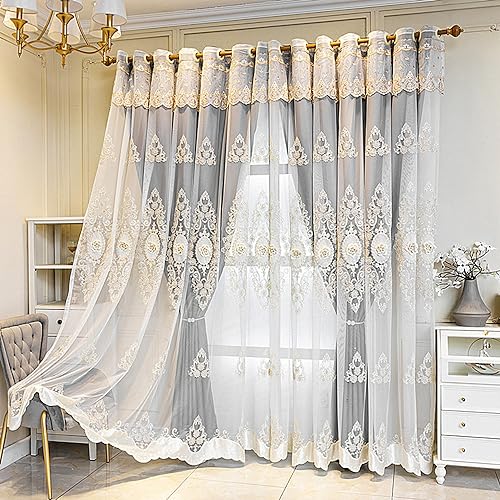 Amidoudou 1 Pair European Double Layer Curtains with Valance for Living Room Bedroom Luxury 3D Flower Embroidered Curtains (Grey,51x84 Inch) - color: Grey, size: 51"W x 84"L (Pack of 2)