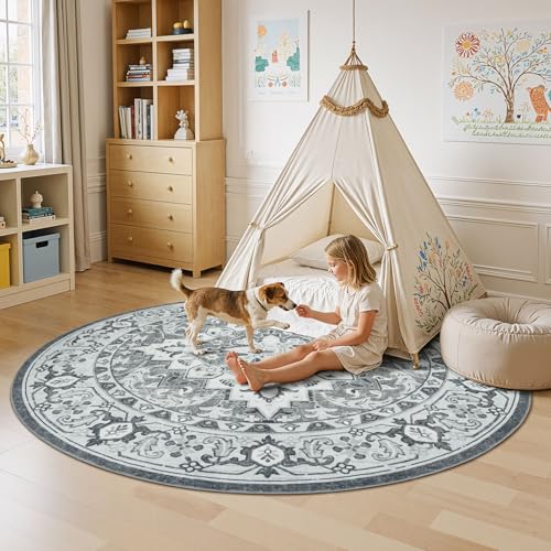 Lessymo 6FT Washable Round Area Rugs for Living Room, Non Slip Circle Rugs - color: Grey Beige, size: 6' (Round)