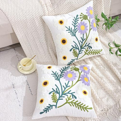 Embroidered Throw Pillow Covers 18x18 Pack of 2 Purple White Flower - color: Purple-white Flower