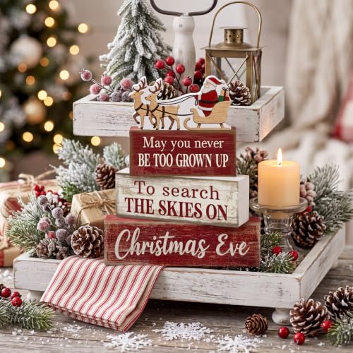 Moucuny 4 Pcs Christmas Table Decorations for Home Wooden Santa Sleigh Sign - style: Christmas Eve
