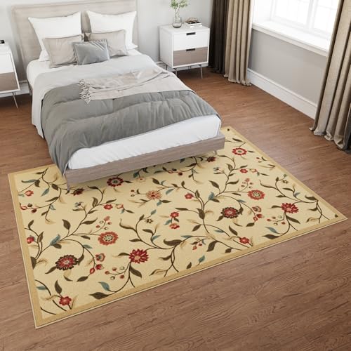 Ottomanson 5x7 Area Rugs for Living Room – Stain Resistant Bedroom Rug - color: Floral Beige