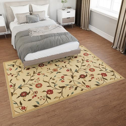 Ottomanson 5x7 Area Rugs for Living Room – Stain Resistant Bedroom Rug - color: Floral Beige