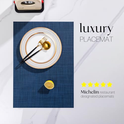 LEXMORE Placemats Set of 6 Vinyl/Plastic Woven Place Mats for Kitchen Table Indoor/Outdoor Washable Placemat Wipeable Dining Table Mats(Navy Blue) - color: A-navy Blue