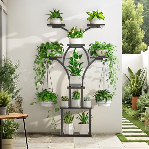 Elbourn Plant Stand Indoor with Grow Light - 8 Tiered 60" Plant Shelf - color: Black