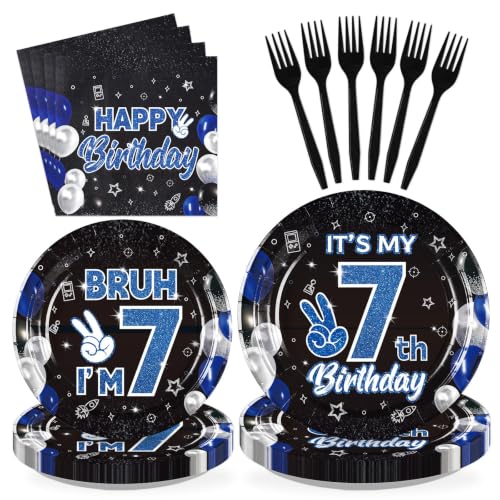 96 Pcs Bruh 7th Birthday Party Decorations for Boys, Serves 24 - style: Black Blue Bruh 7th Plates