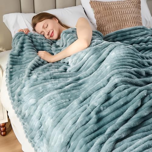330GSM Ribbed Fleece Queen Blanket for Bed, Dusty Blue, 90"x90" - color: Dusty Blue, size: Queen(90"x90")