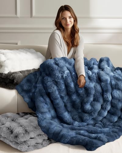 Ultra Soft Cozy Faux Fur Throw Blanket, Fuzzy Plush Thick Bubble Blanket, Oversize Luxury Fluffy Blanket for Couch, Sofa, Bedroom, and Living Room,50x60 Inches,Blue - color: Blue, size: Throw(50" X 60")