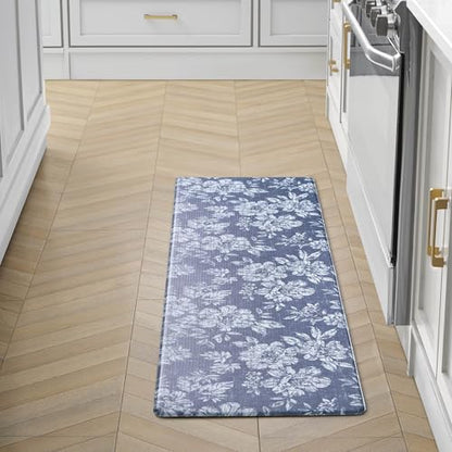 Laura Ashley - Anti-Fatigue Kitchen Mat, Iris Floral Design, Stain, Water & Fade Resistant, Cooking & Standing Relief, Non-Slip Backing, Measures 17.5" x 60", Navy Iris - color: Navy, size: 60"L x 17.5"W x 0.47"Th