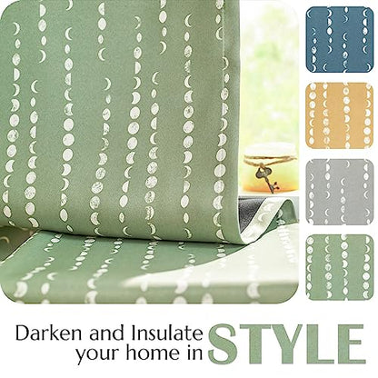 jinchan Boho Blackout Curtains 63 Inch Length Moon Phase Printed Drapes - color: Luna | Sage Green, size: 52"W x 63"L (Pack of 2)