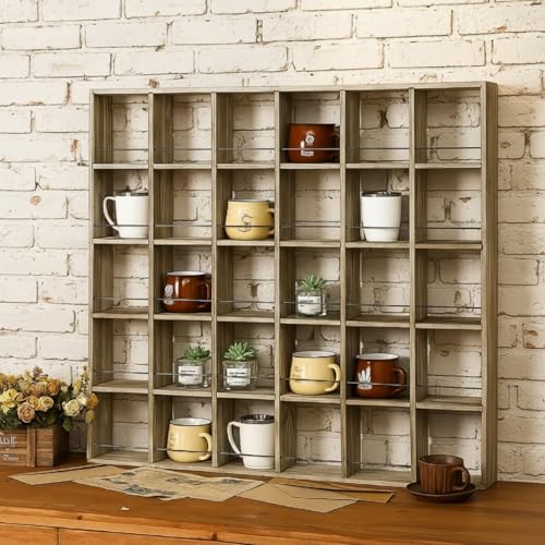 Kigley Oversize Coffee Mug Display Rack Wooden Shelves Rustic Shot Glass Display Case Travel Mug Shelf Wall Mounted Rack Holder Shadow Box(5 x 6,Brown) - color: Brown, style: 5 x 6